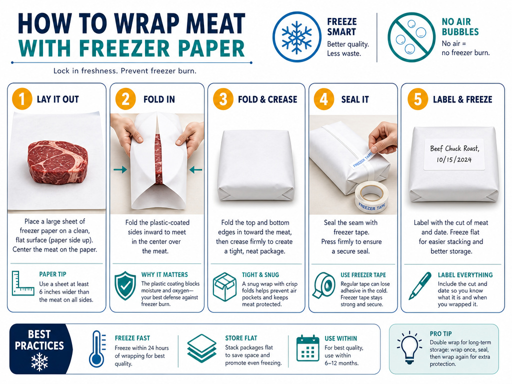 Infographic showing five steps to wrap food airtight in freezer paper.