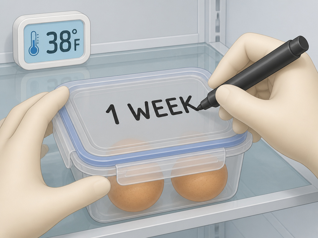 Storing unpeeled hard-boiled eggs in a labeled container inside a refrigerator.