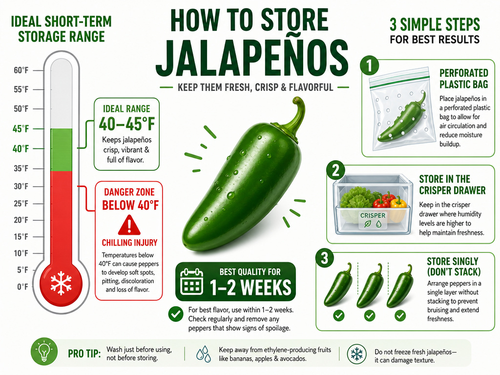 Infographic for short-term jalapeno storage temperature and method to prevent chilling injury.