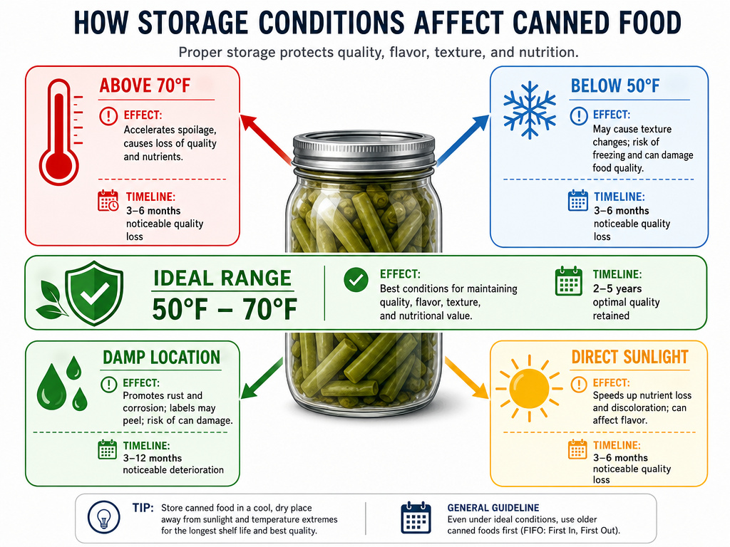 Infographic on temperature and humidity effects on sealed canning jar storage.