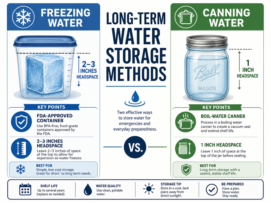 Infographic comparing steps for freezing versus canning potable water.