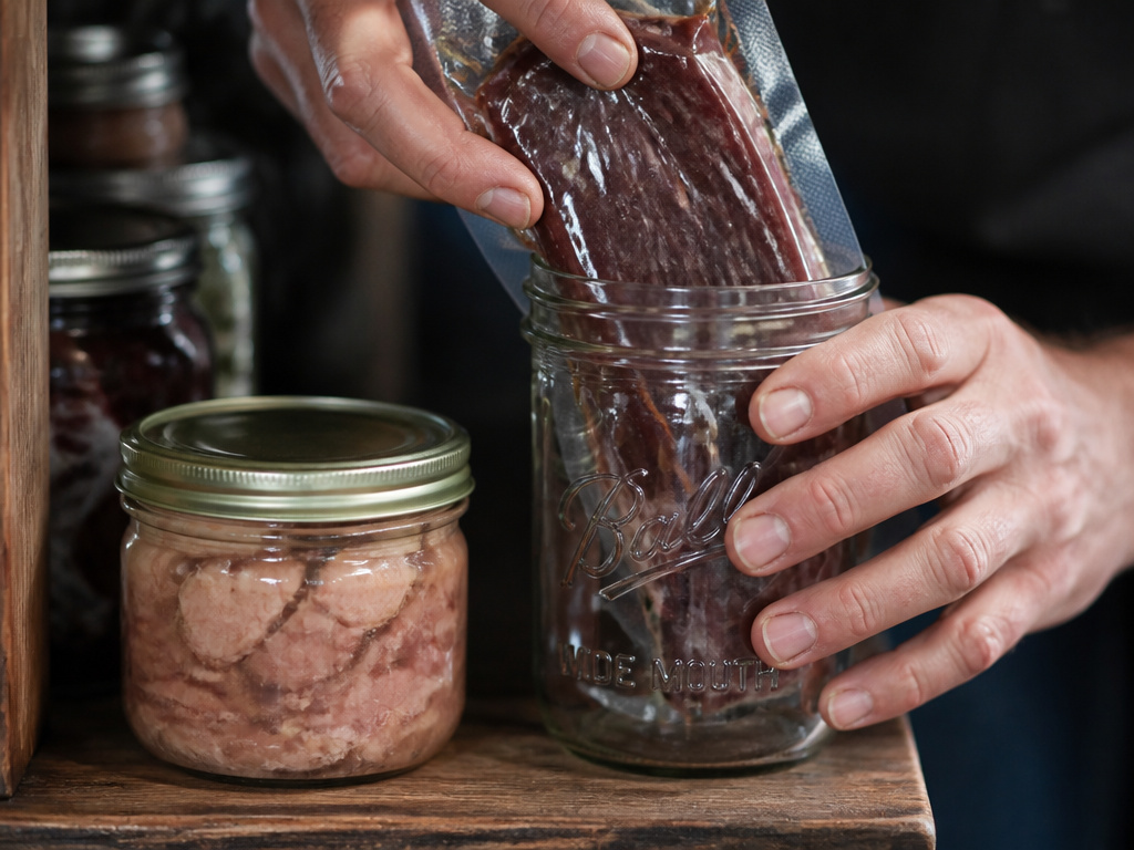 Storing vacuum-sealed dried meat and canned jars in a cool, dark pantry.