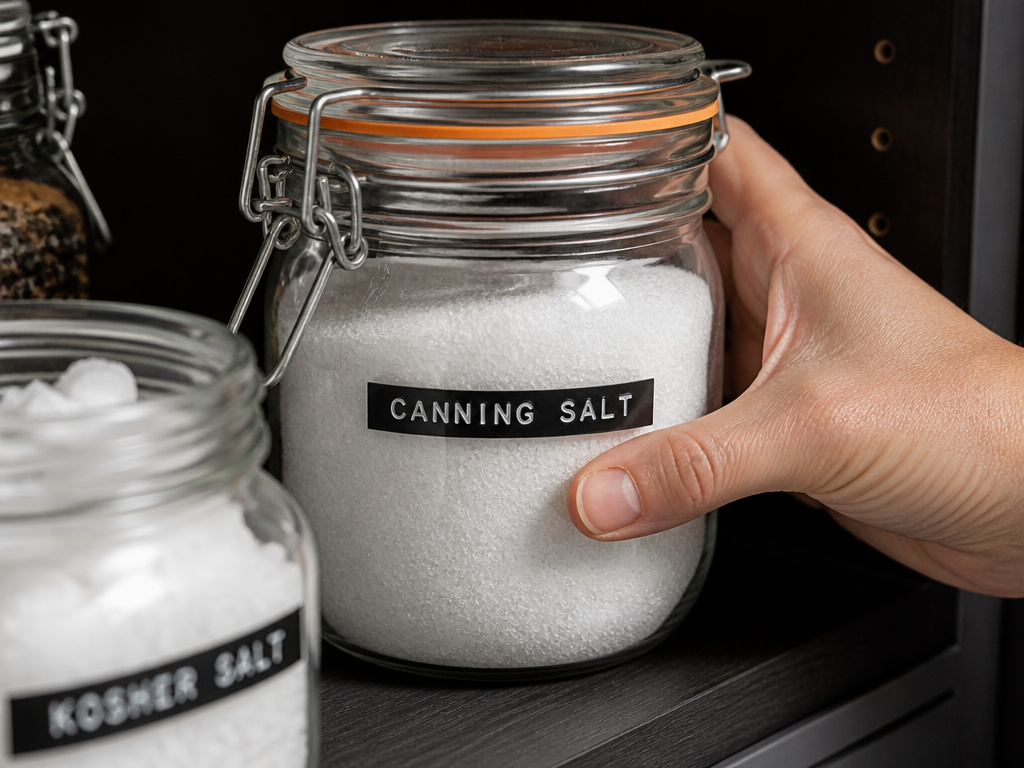 Storing kosher salt and canning salt in airtight glass jars for pickling.