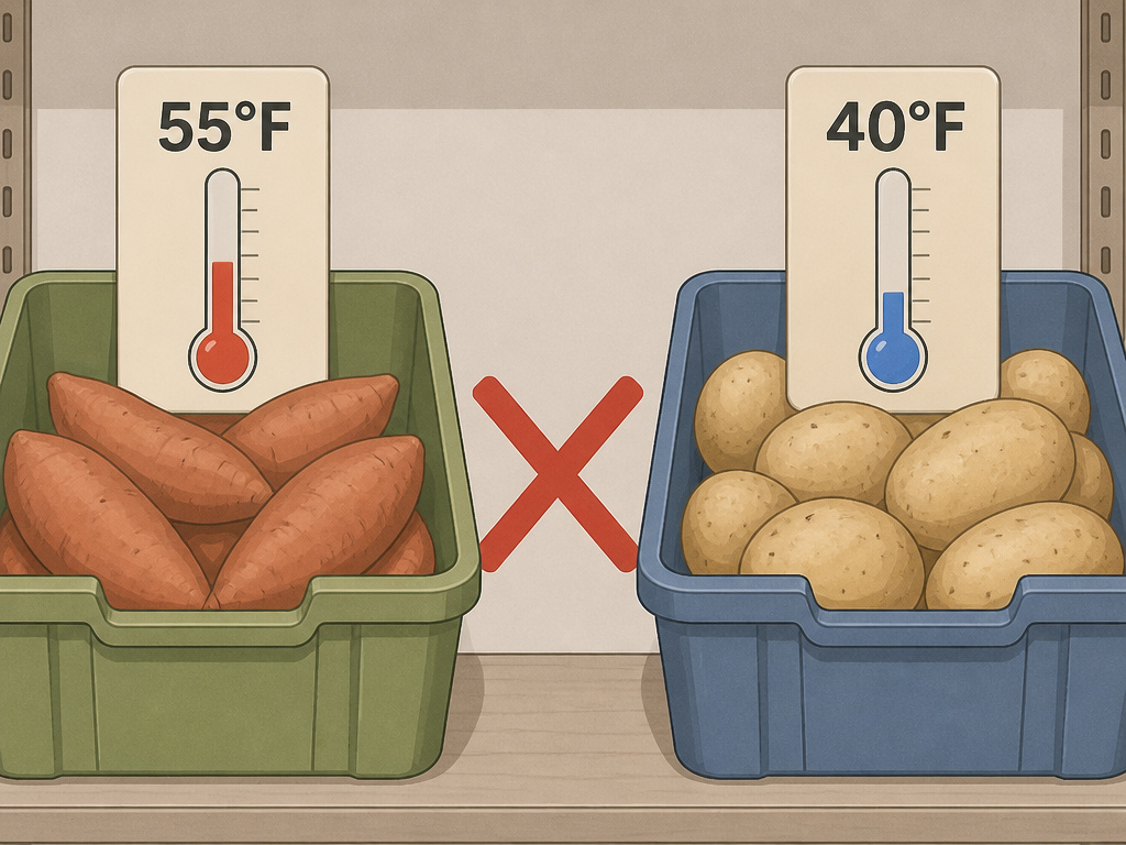 Side-by-side storage comparison of sweet potatoes and regular potatoes at different temperatures.