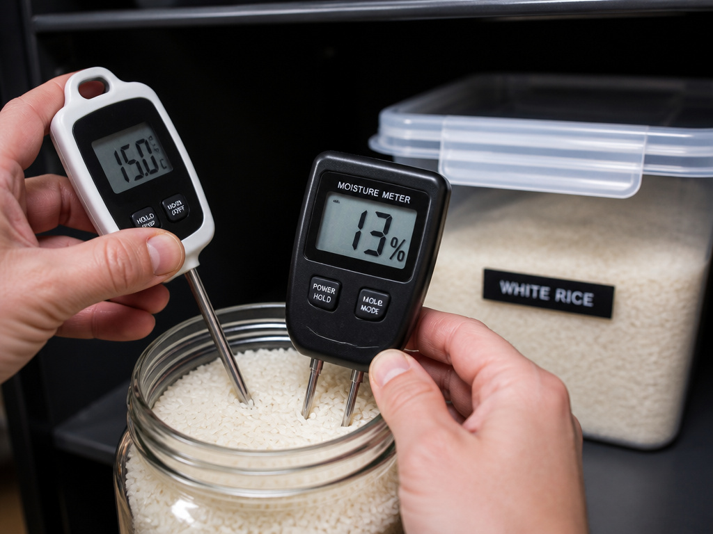 Using a thermometer and moisture meter to check rice storage conditions against bugs.