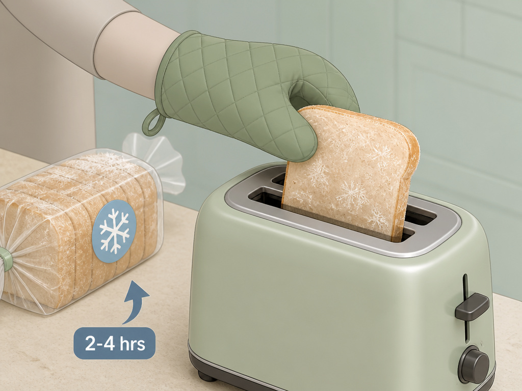 Thawing frozen bread on counter and toasting a slice directly from freezer.