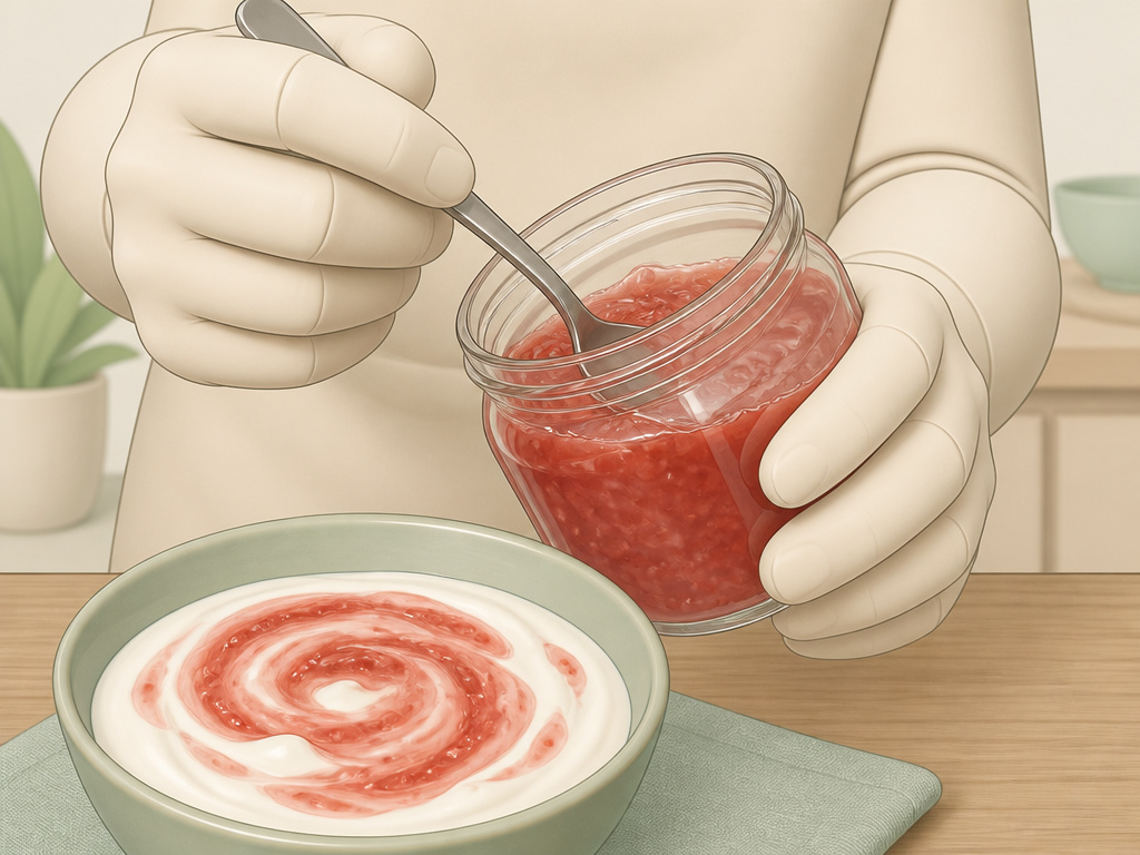Stirring thawed, separated jelly from freezer into yogurt.
