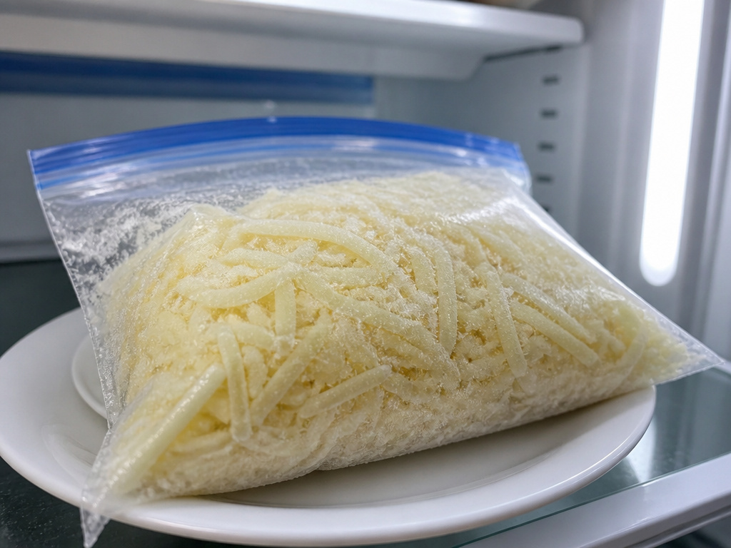 Frozen shredded cheese in a bag thawing on a plate in the refrigerator.