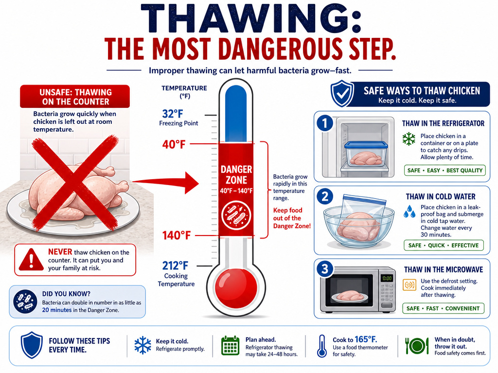 Infographic comparing unsafe counter thawing to three safe methods for frozen chicken.