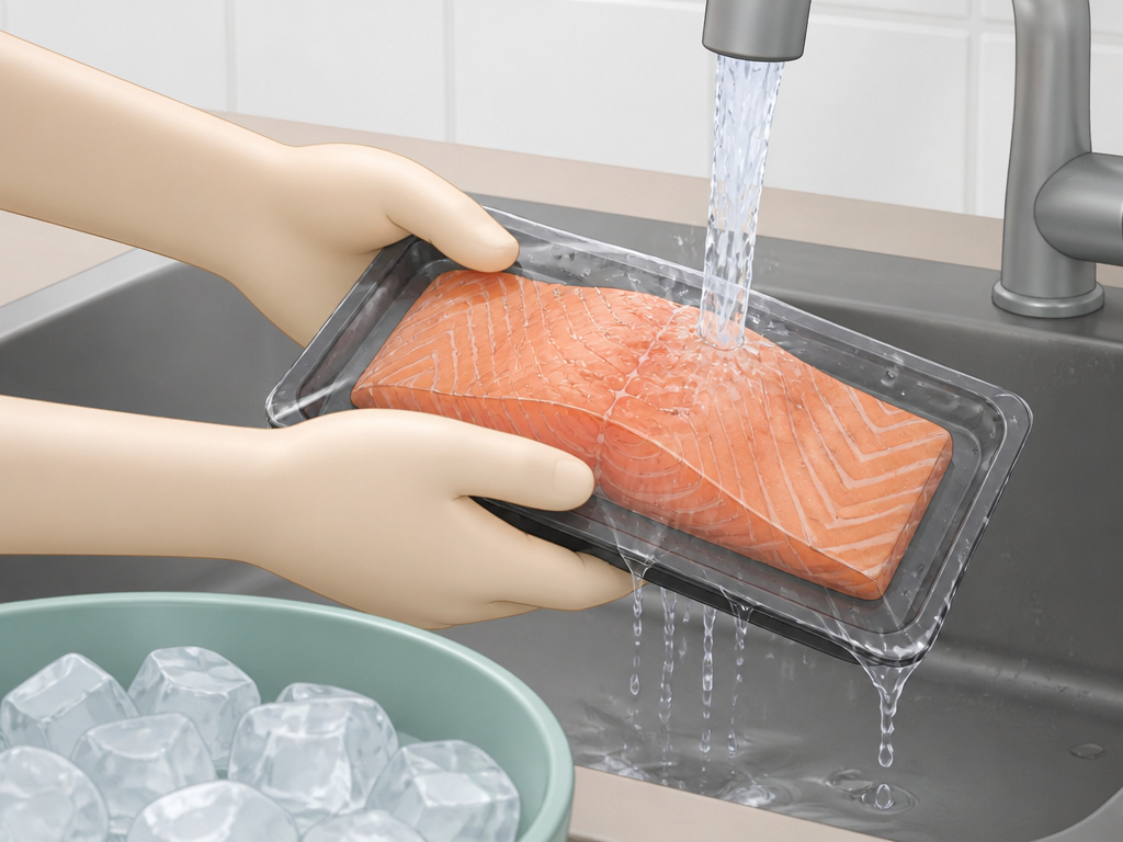 Thawing frozen salmon in its store packaging under cold running water.
