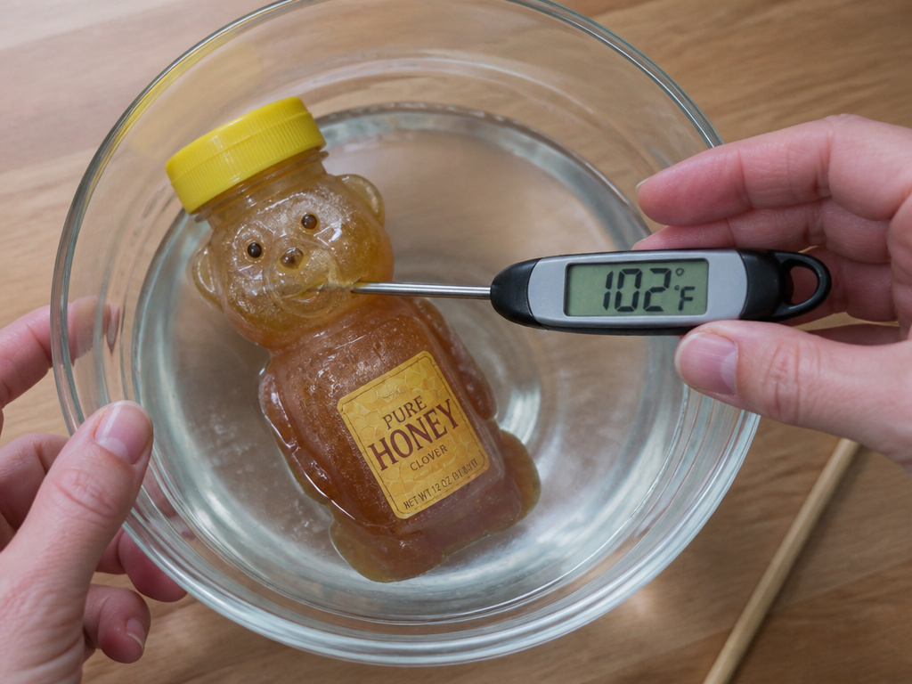 Checking water bath temperature to safely soften honey in a plastic container.