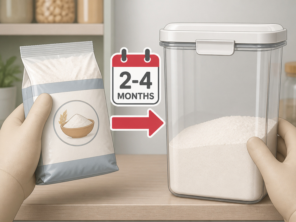 Small bag of flour and calendar icon illustrating the 2-4 month pantry storage rule.