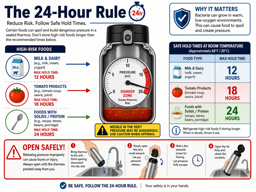 Infographic on thermos safety times, pressure buildup, and safe opening procedure for hot food.
