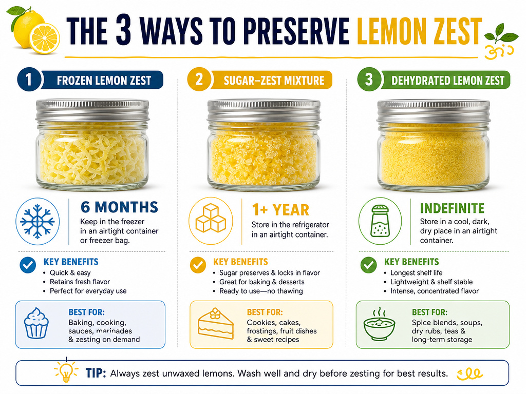 Comparison infographic of three methods for preserving lemon zest.