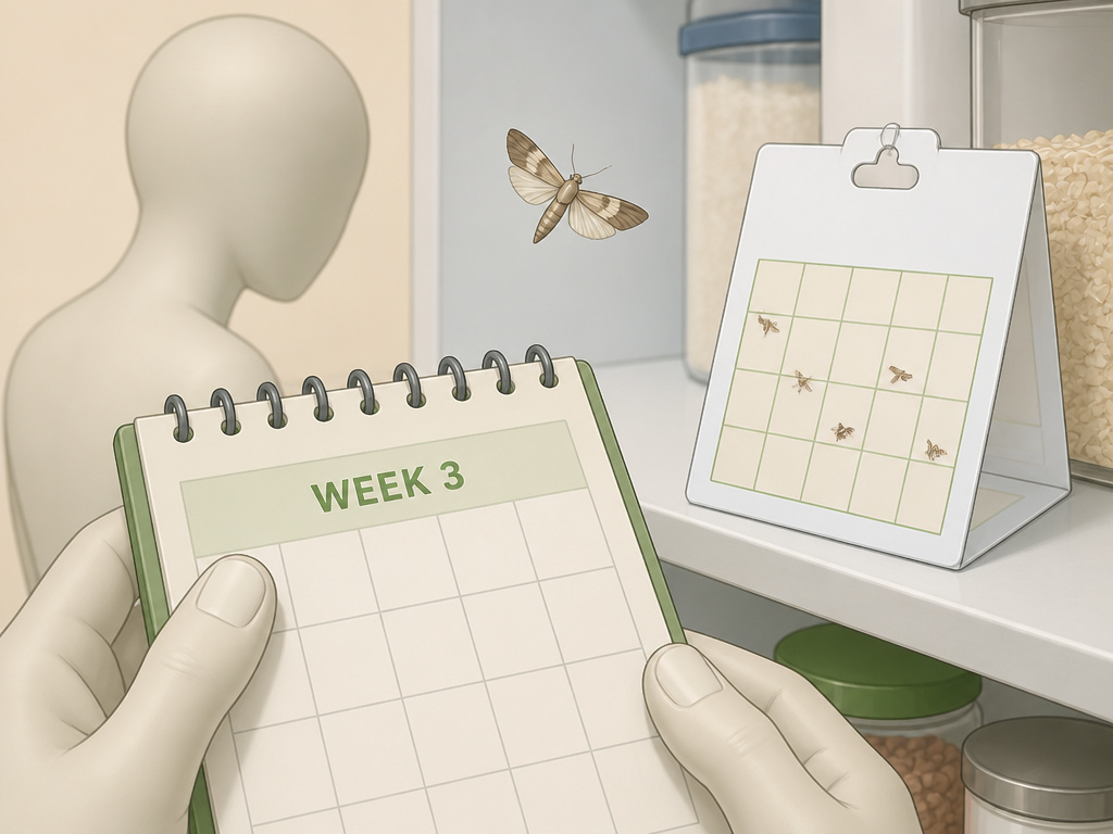 Calendar showing three-week rule for monitoring pantry moth infestation after cleanup.