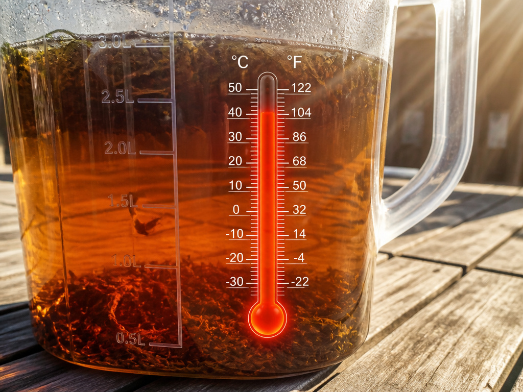 Plastic pitcher of sun tea in sunlight with thermometer showing temperature over 40 degrees Celsius