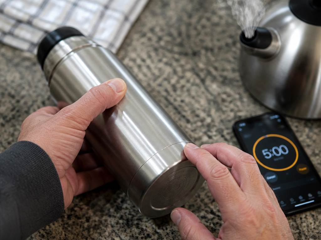 Hands testing a thermos for heat leakage with the five-minute insulation test.