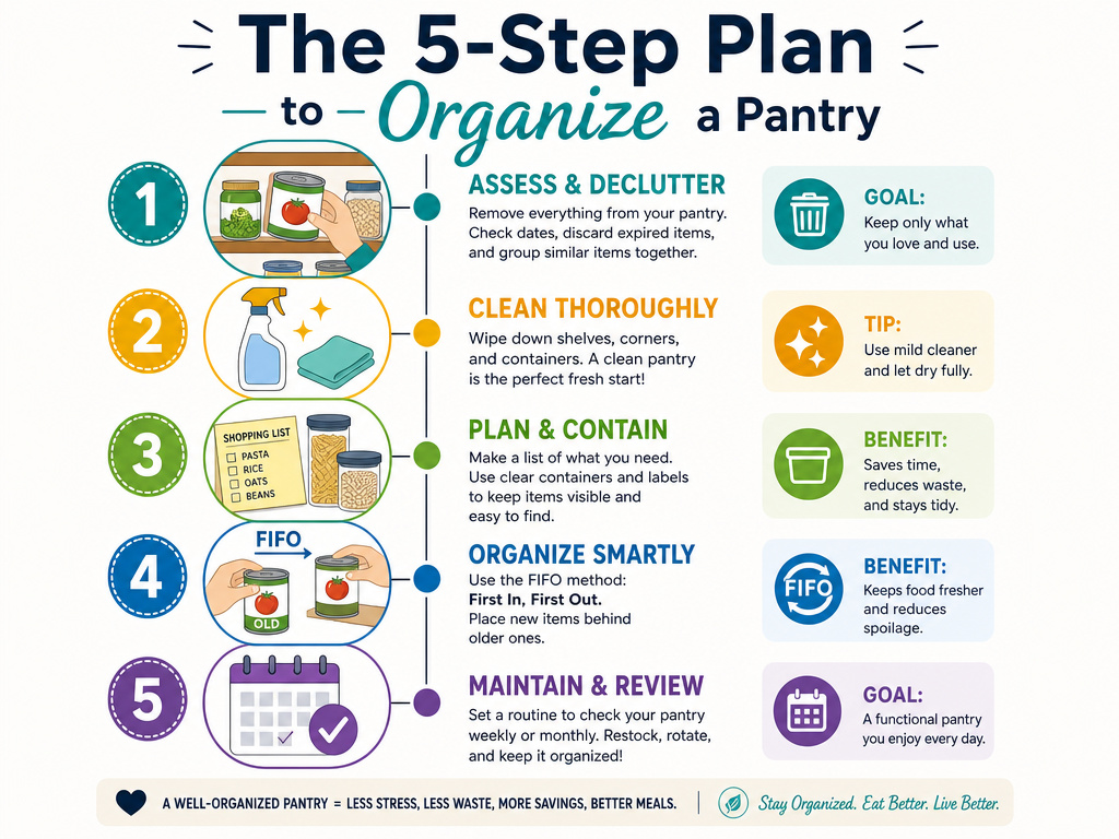 Five-step infographic for organizing a pantry from audit to maintenance.
