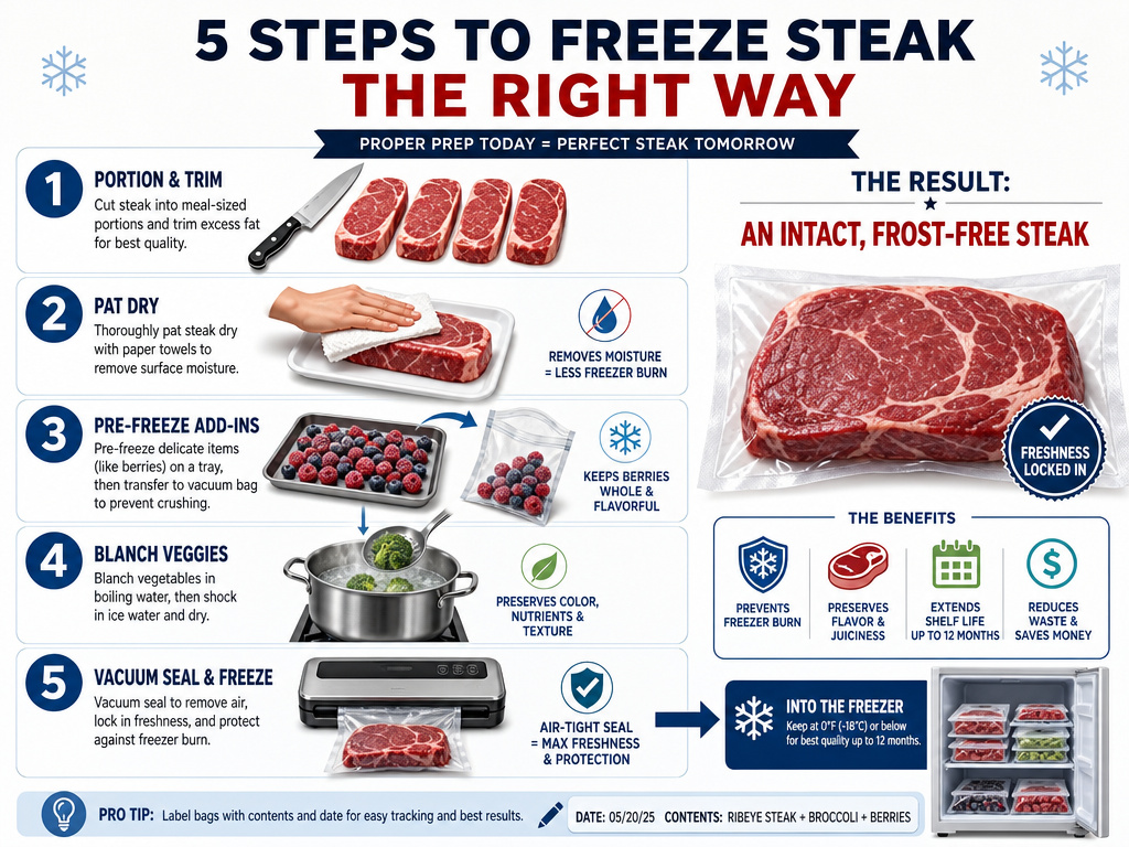 Five-step infographic for vacuum sealing food to prevent freezer burn.