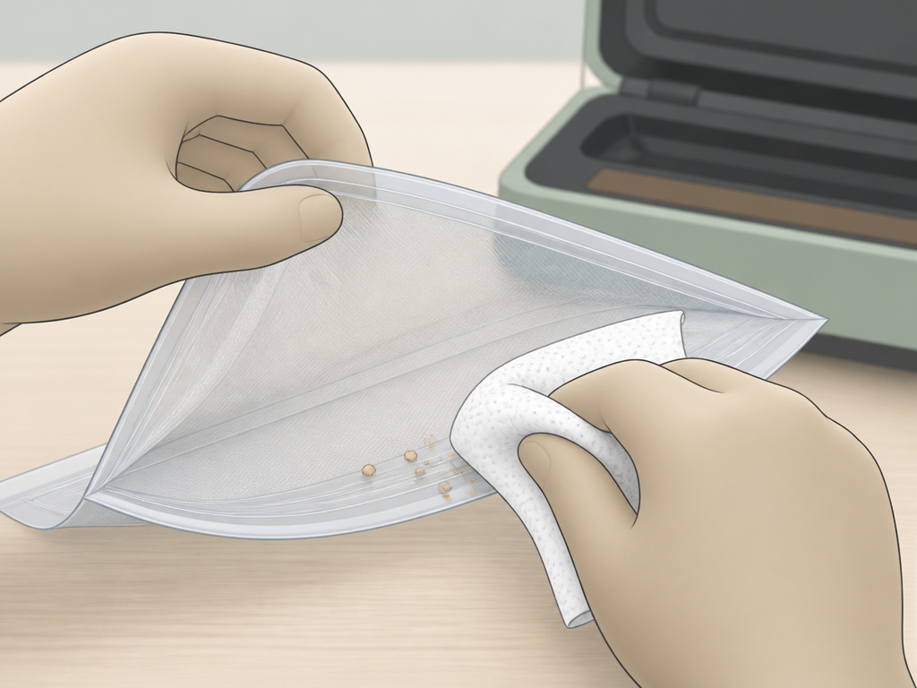 Wiping inside of vacuum bag before sealing with Nesco sealer.
