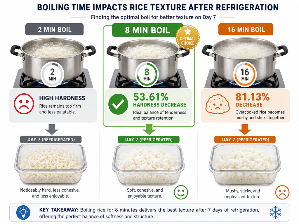 Infographic comparing boiled rice times for optimal refrigerated texture and hardness.