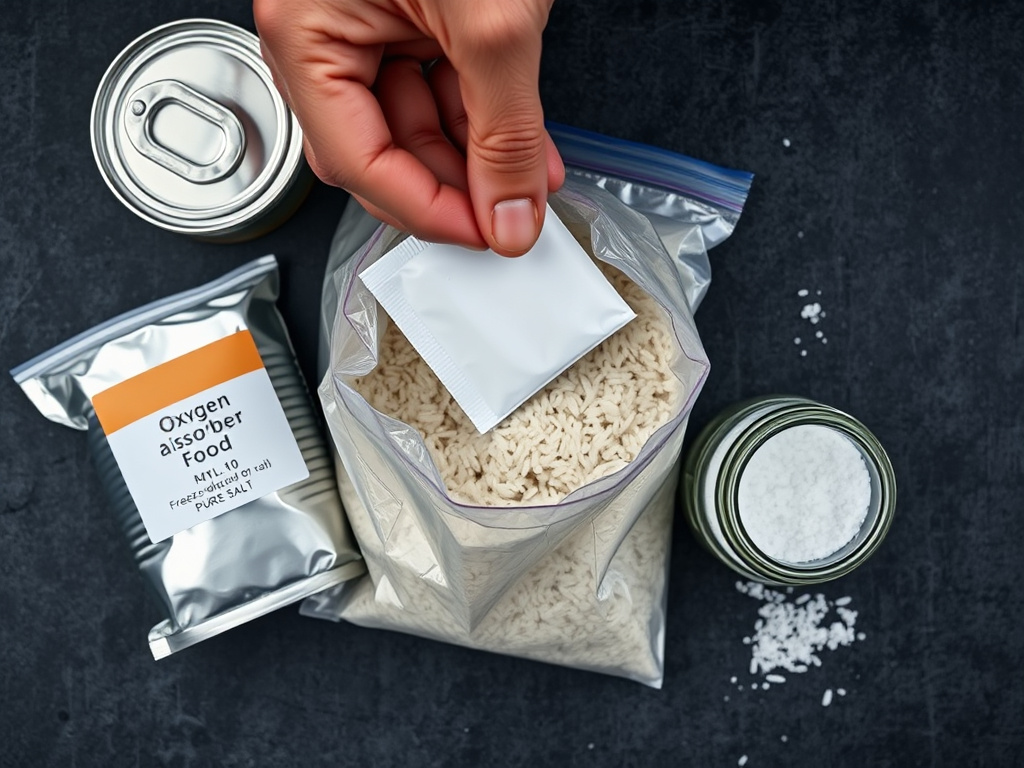 Long-term food storage with freeze-dried cans, rice in Mylar, and oxygen absorbers.