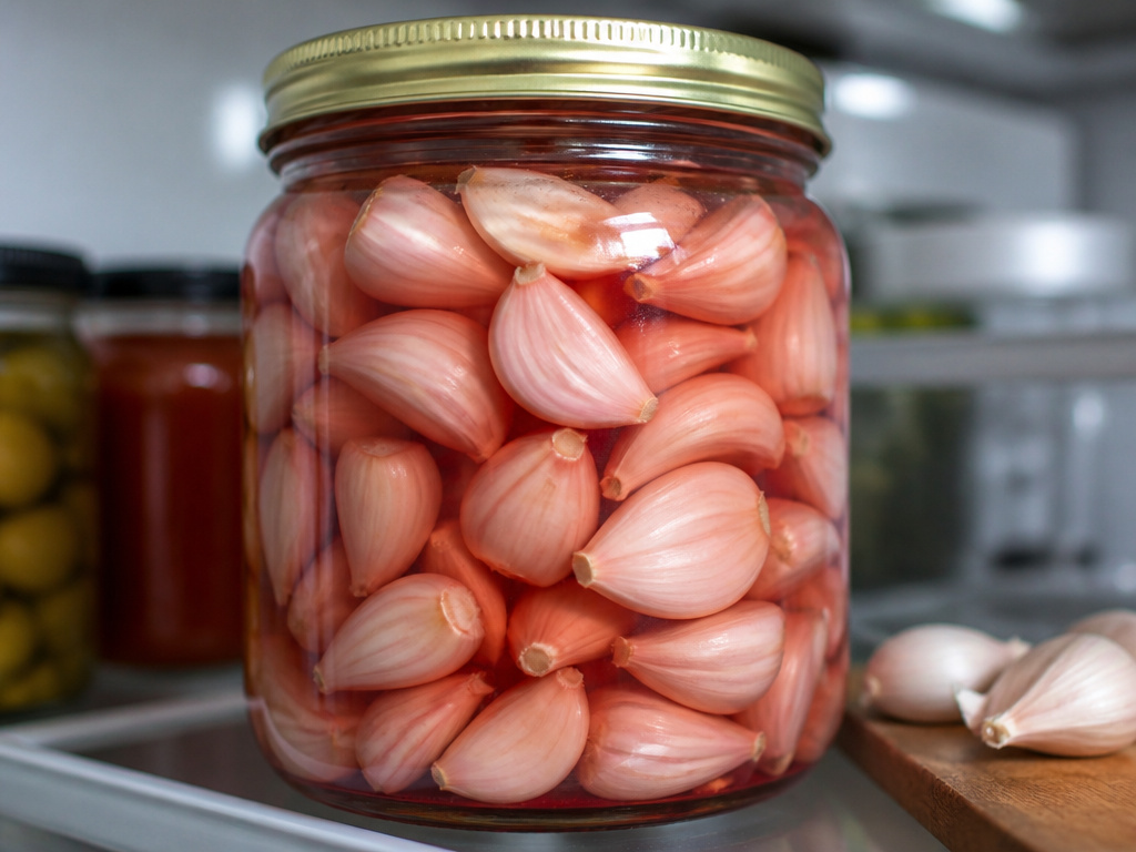 Peeled garlic cloves preserved in vinegar inside a jar in the refrigerator.