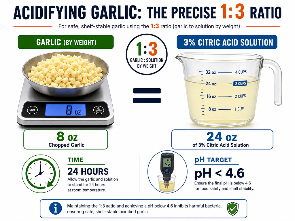 Infographic showing the 1:3 garlic to citric acid ratio for safe preservation.