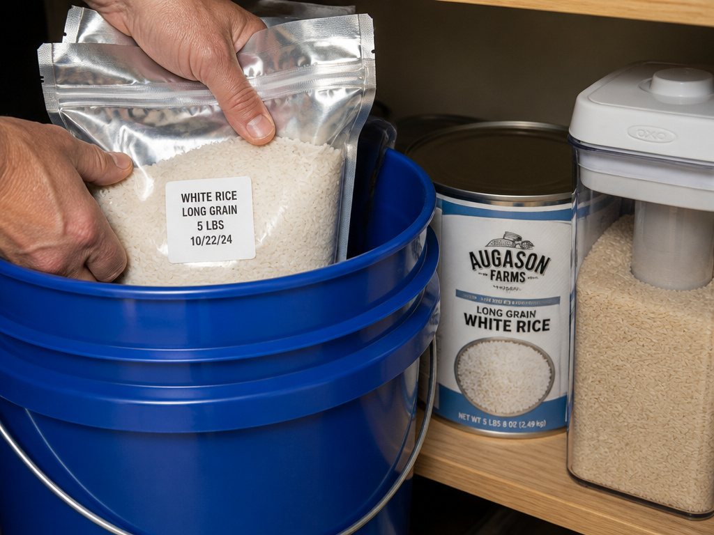 Airtight containers for rice storage: bucket, Mylar bag, #10 can, and pop lid.