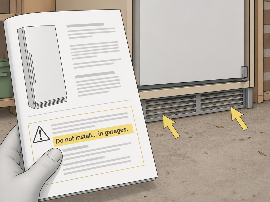 Built-in refrigerator manual warning against garage installation due to dust and ventilation.