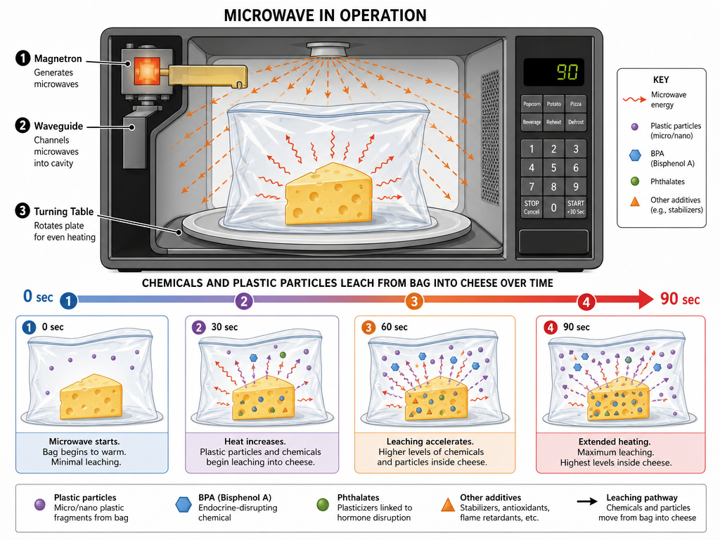Diagram of chemical leaching timeline from plastic bag in microwave.