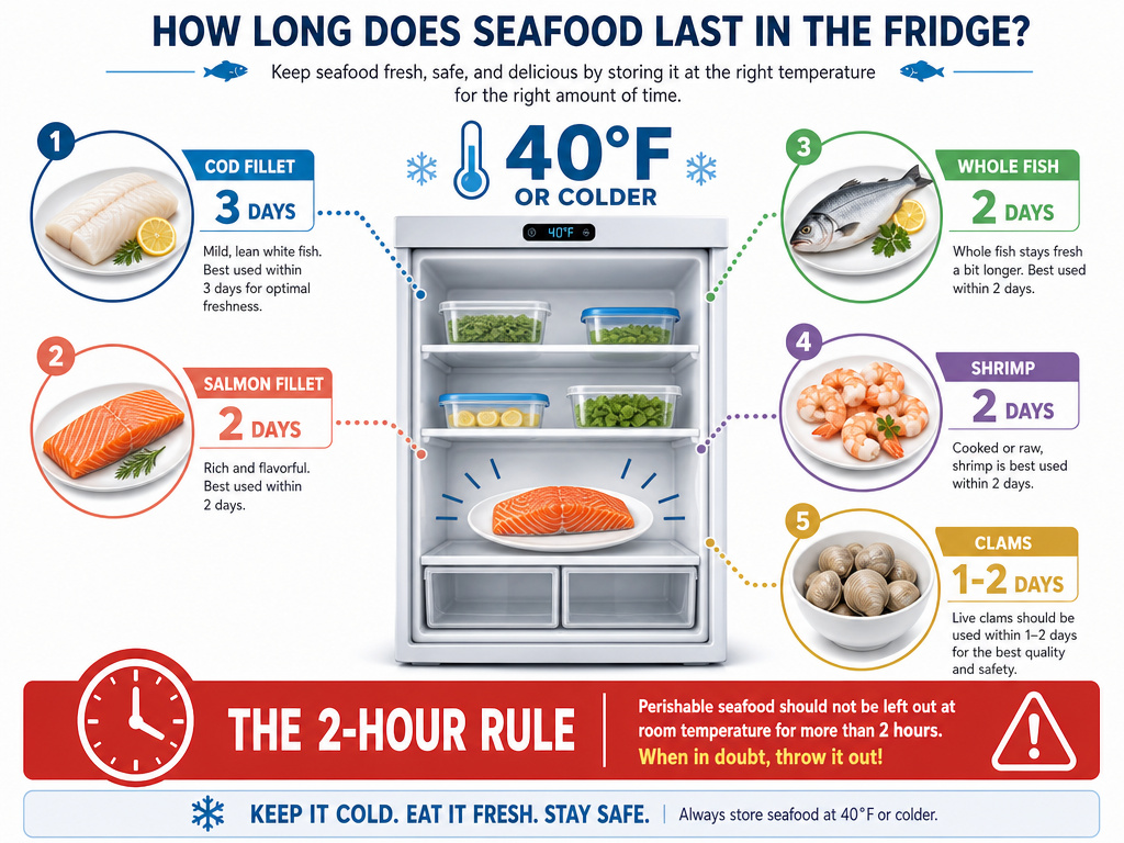 Refrigerator shelf life infographic for raw fish types at 40 degrees Fahrenheit.