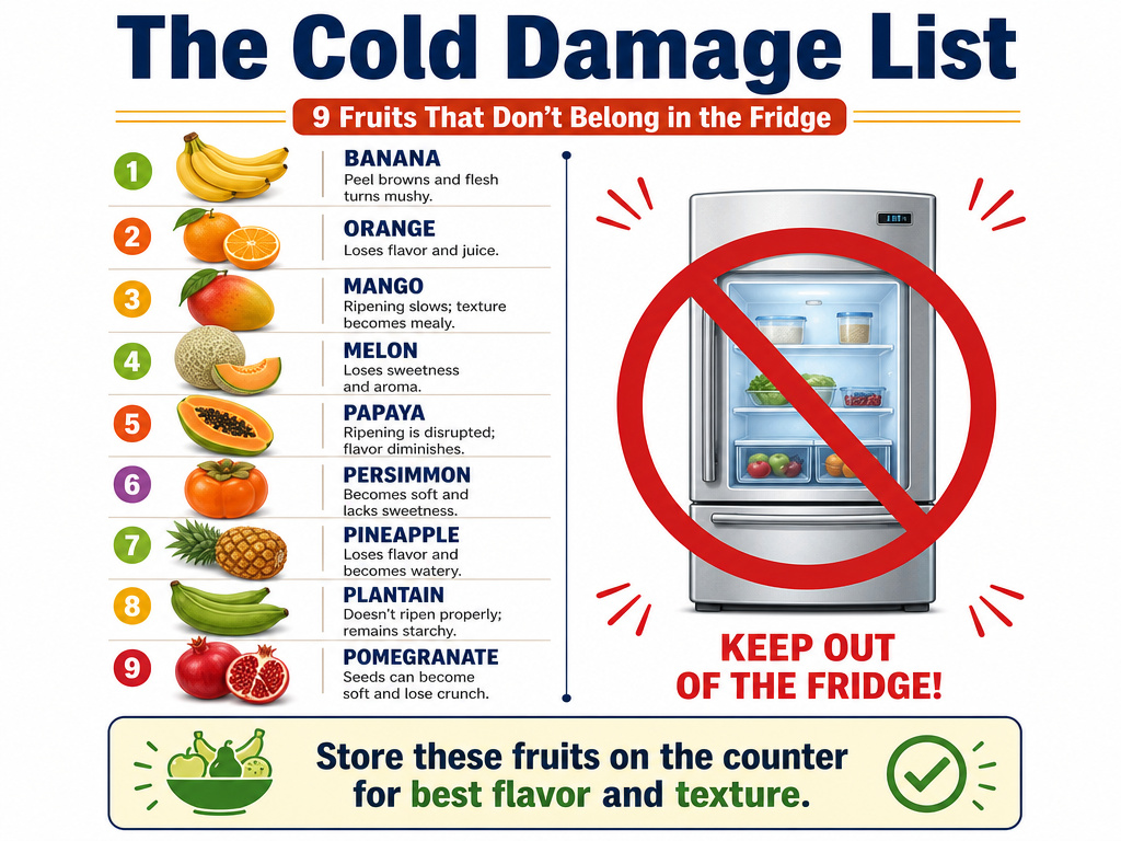 Infographic listing fruits that should not be refrigerated to avoid cold damage.