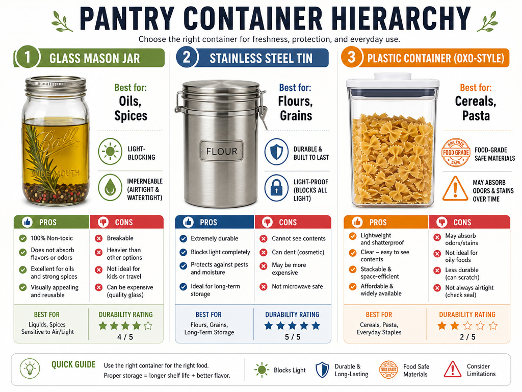 Infographic comparing glass, metal, and plastic pantry storage containers.