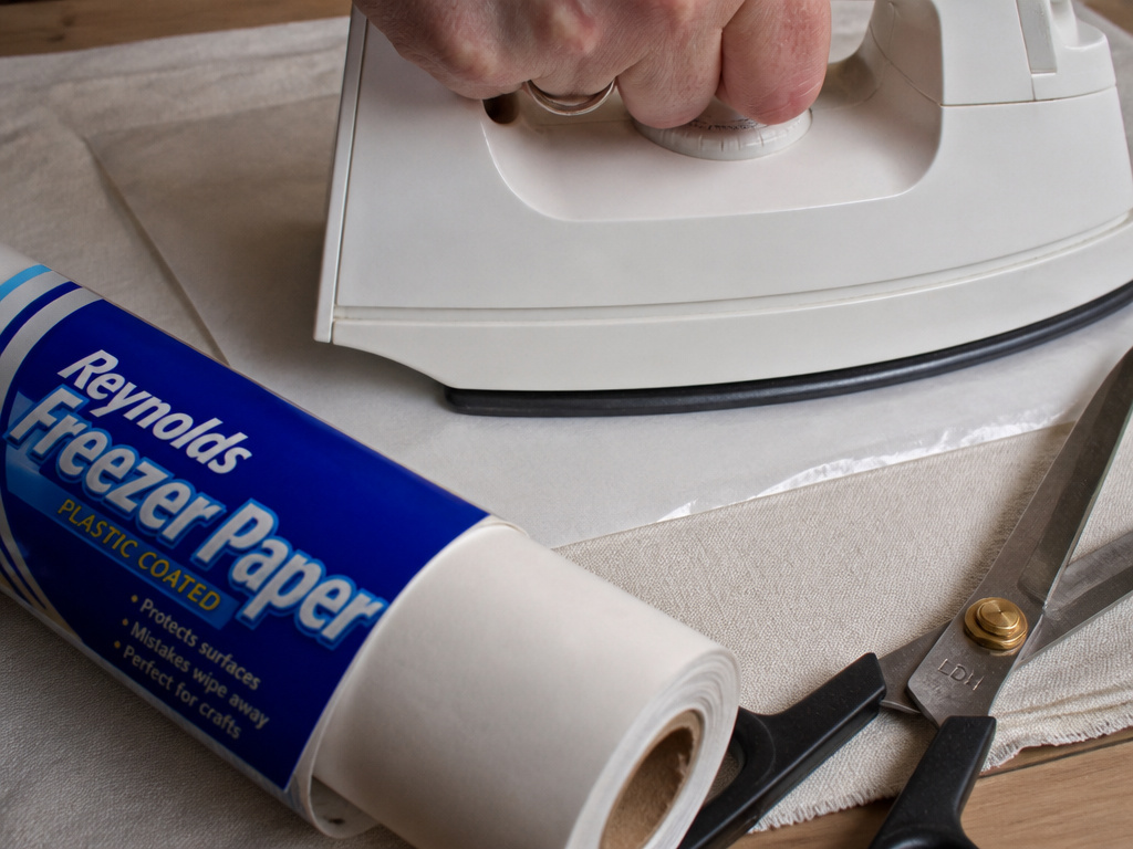 Close-up of iron bonding freezer paper to fabric for appliqué and stabilization.