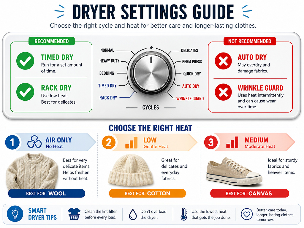Dryer cycle guide showing safe and unsafe settings for using a drying rack.