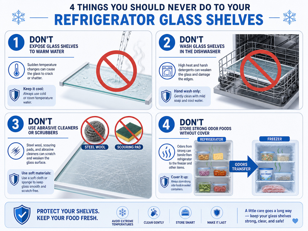 Infographic of four critical don'ts for cleaning refrigerator shelves safely.