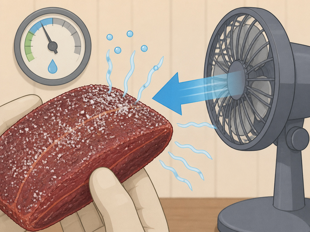 Using a fan to dry salted meat in a controlled, low-humidity environment.