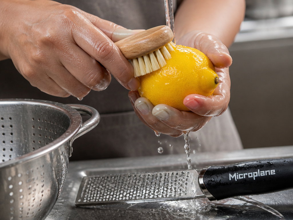 Removing wax from a lemon with a brush before zesting for preservation.