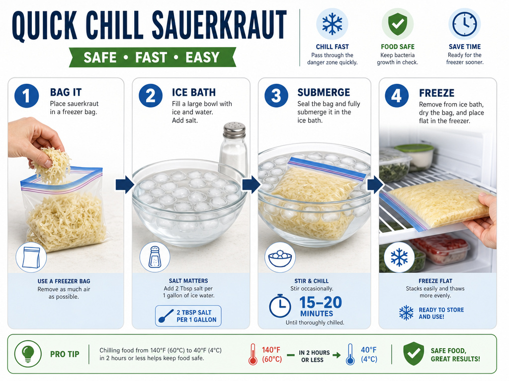 Flash freeze sauerkraut steps using an ice bath and freezer bag.