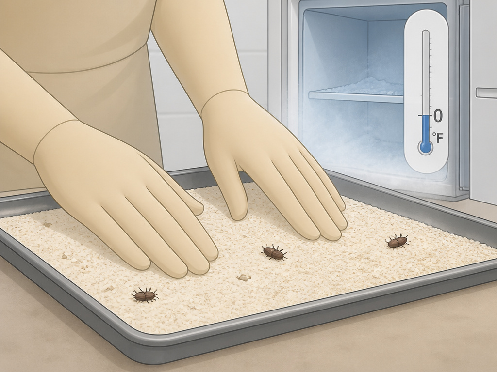 Freezing infested flour on a baking sheet to kill pantry beetles and eggs.