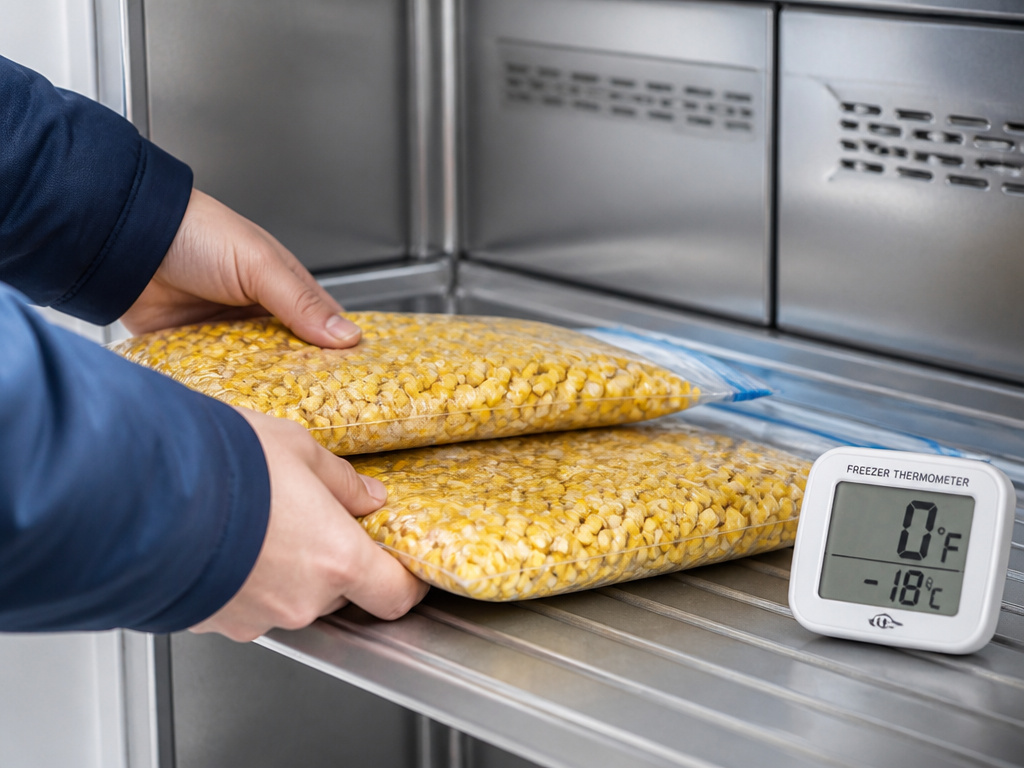 Flash-freezing corn in a single layer on a freezer shelf at 0°F