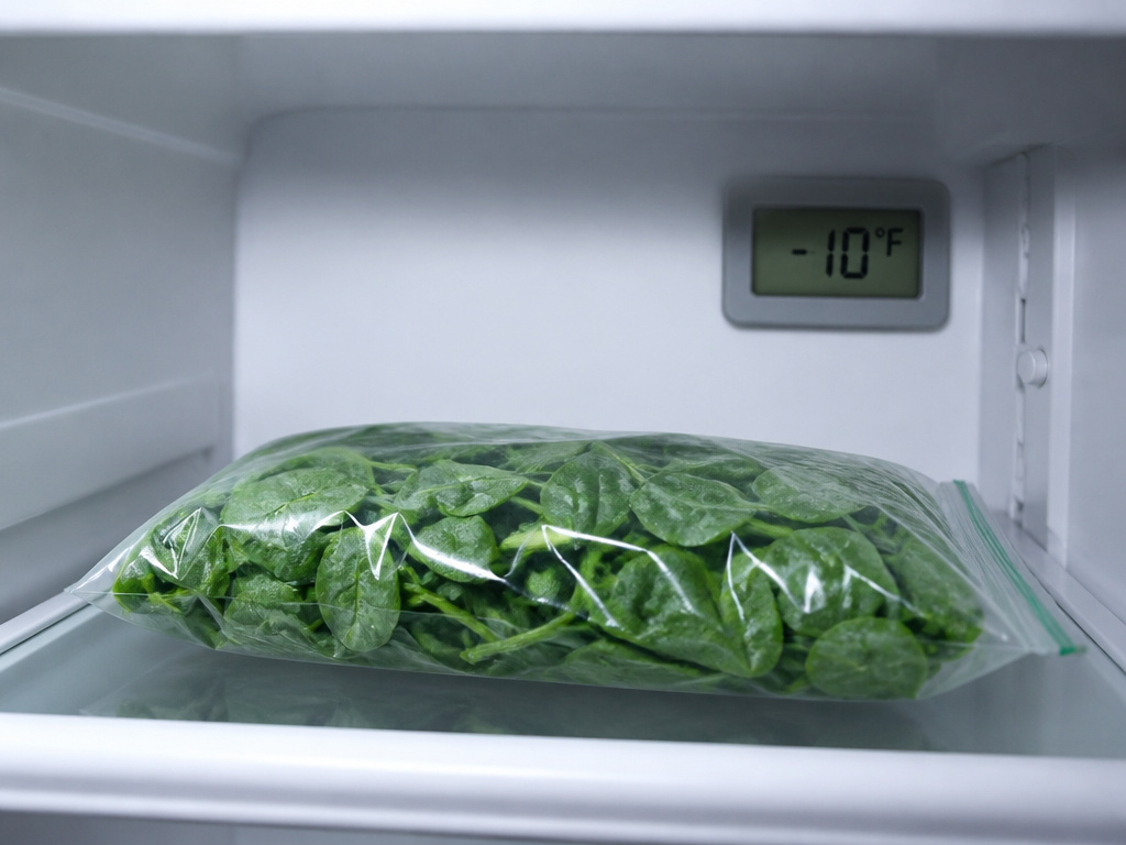 Bag of spinach placed alone in a freezer set to minus ten degrees Fahrenheit.