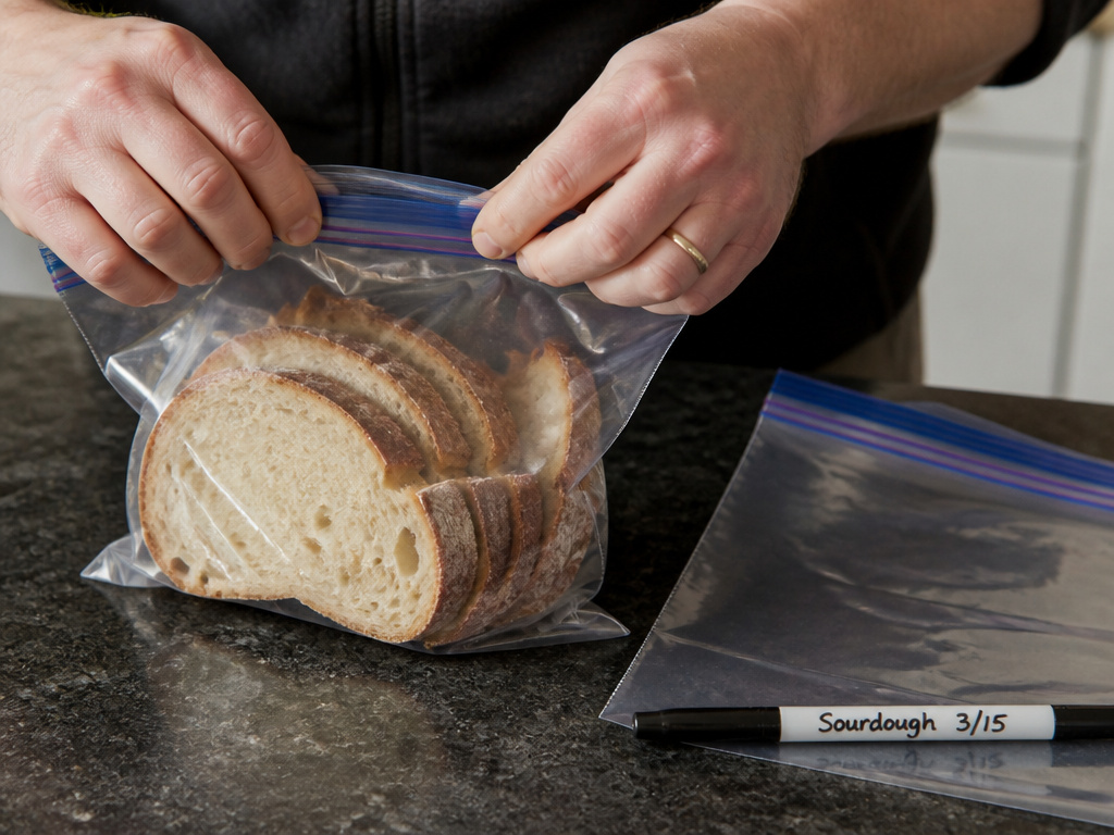 Slicing and double-bagging bread for freezer storage to prevent freezer burn.