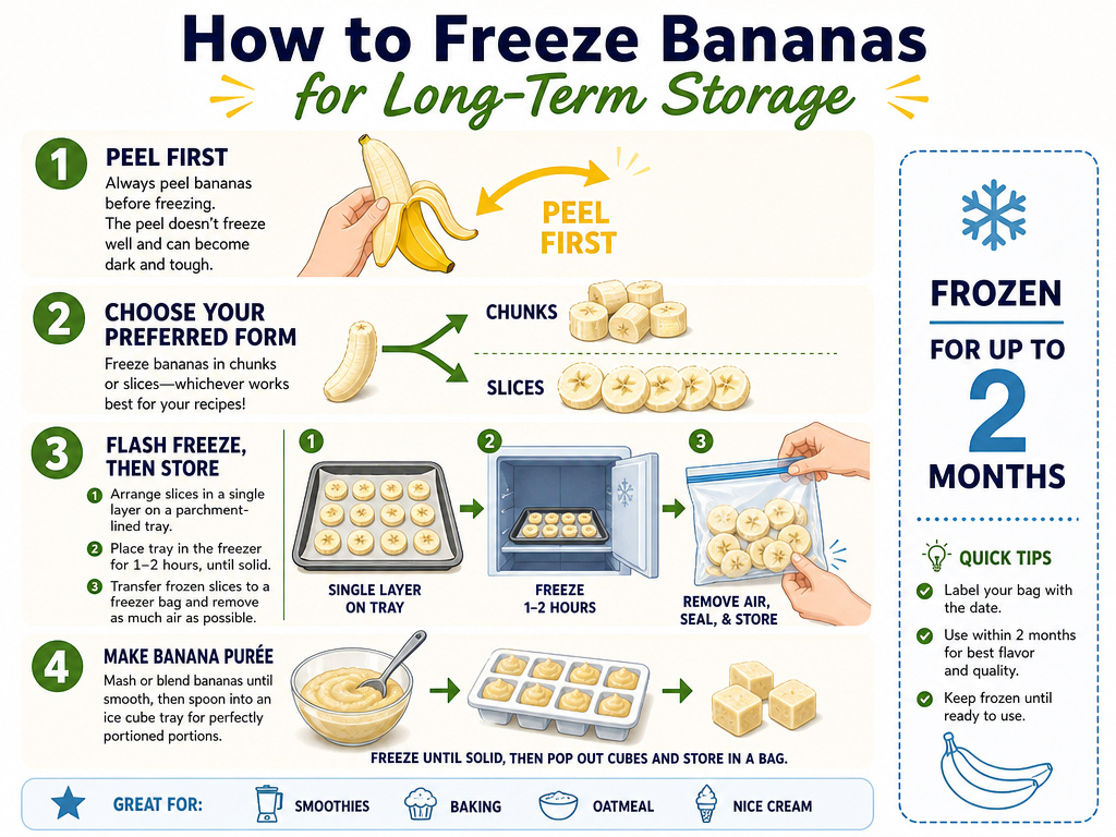 Step-by-step guide on how to properly freeze ripe bananas for future use.