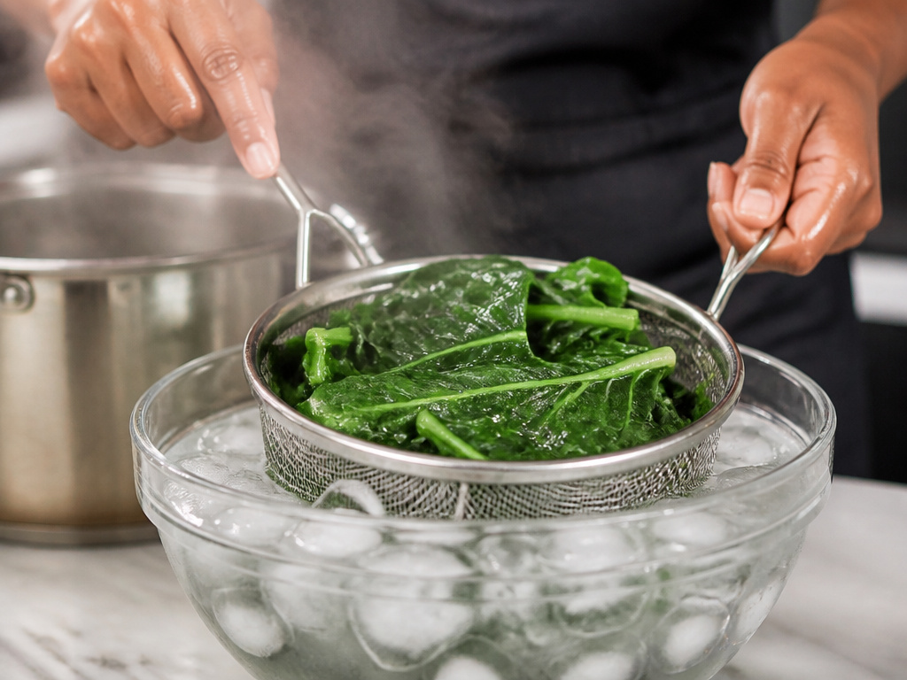 Hands blanching collard greens by transferring from boiling water to ice bath