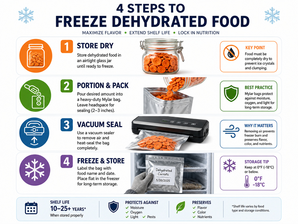 Four-step infographic for freezing dehydrated carrots in Mylar bags for long-term storage.