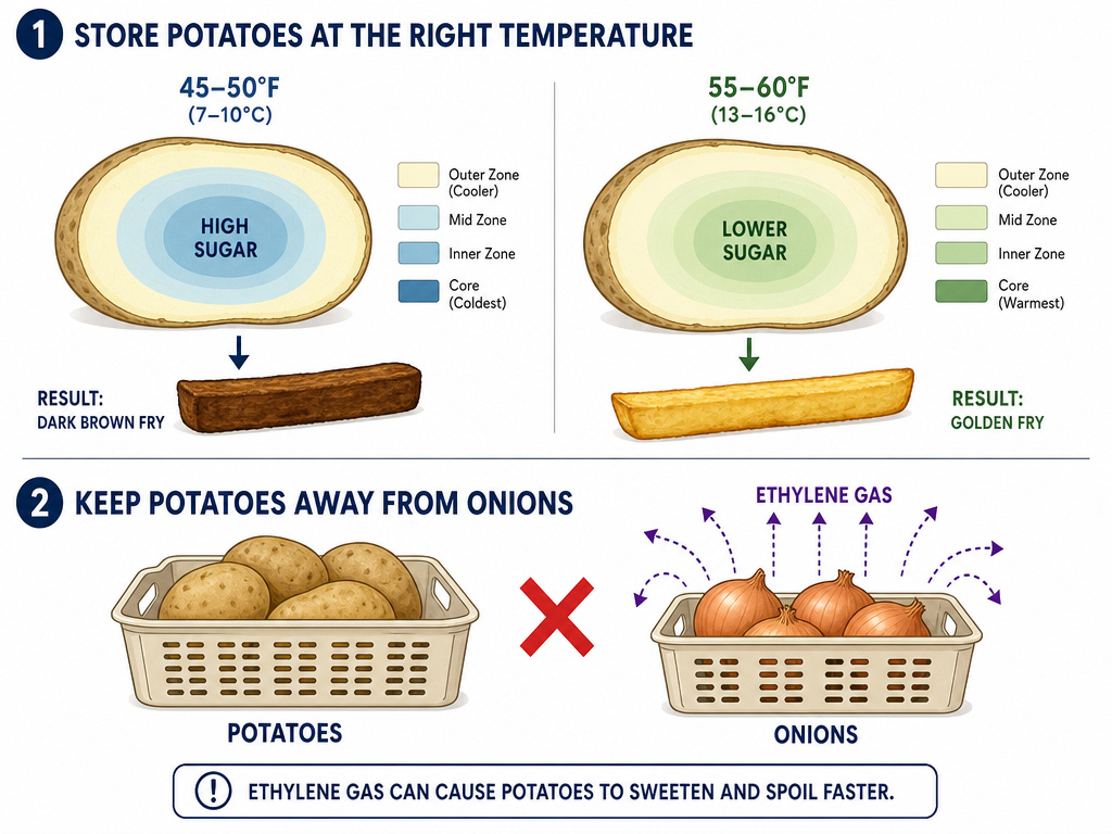 Diagram showing potato storage temperature trade-off for frying and separation from onions.