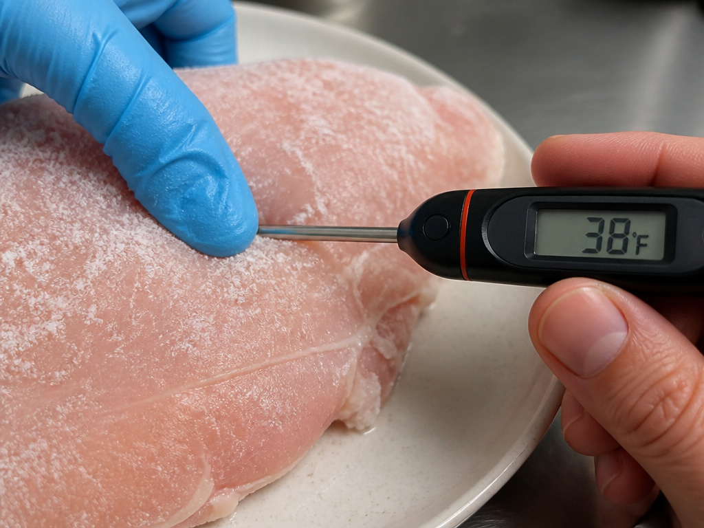 Partially thawed chicken with ice crystals being checked with a thermometer for safe refreezing.
