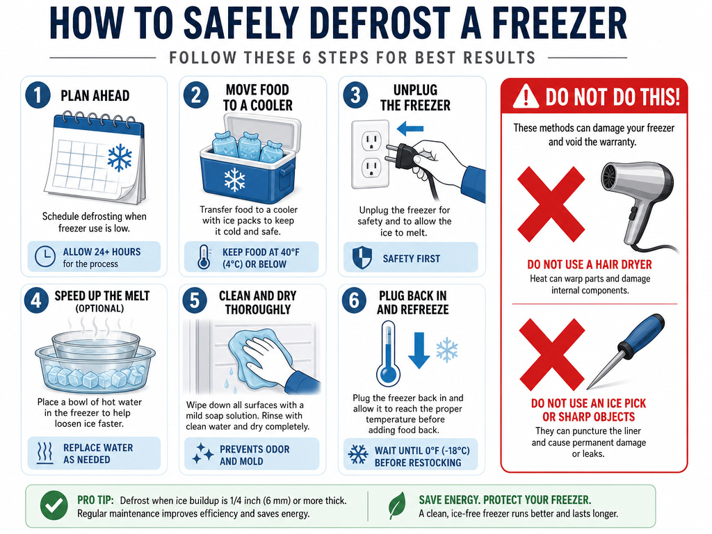 Six-step manual defrost freezer process infographic with safety warnings.